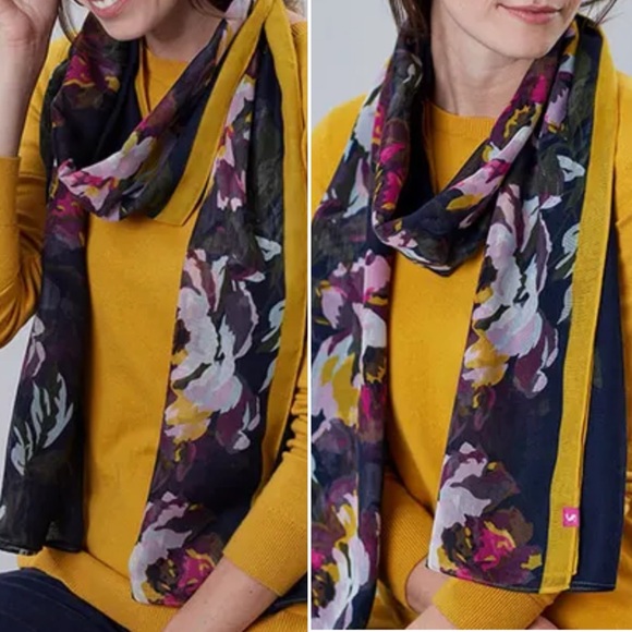 Like New Navy Scarf with Floral Print & Yellow Border—Joules Wensley 27.5” x 80” - Picture 3 of 17
